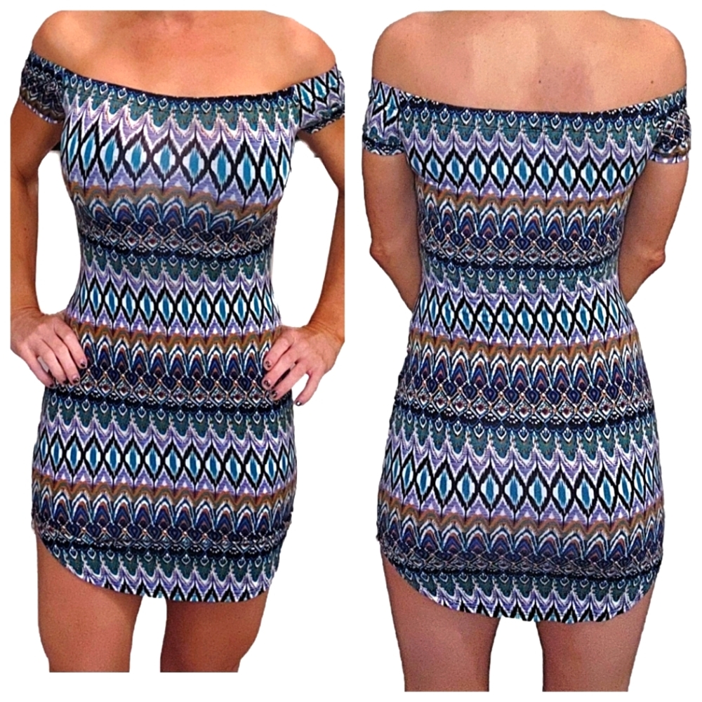 Off the Shoulder Aztec Pattern Bodycon Stretchy Dress Size Small